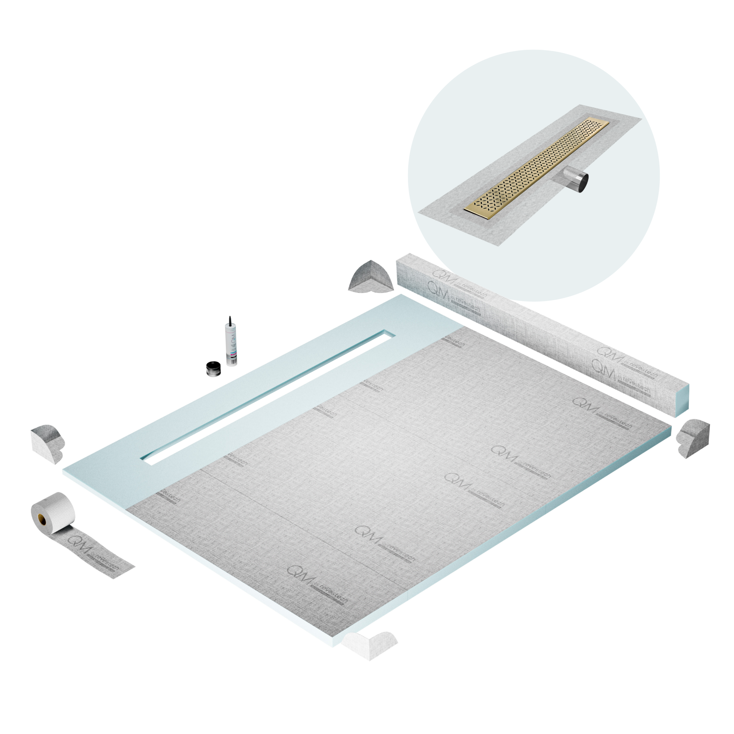 QM Shower Pan Kit 80" with a 58" Lotus Linear Drain Flange Edge Side Outlet in Gold