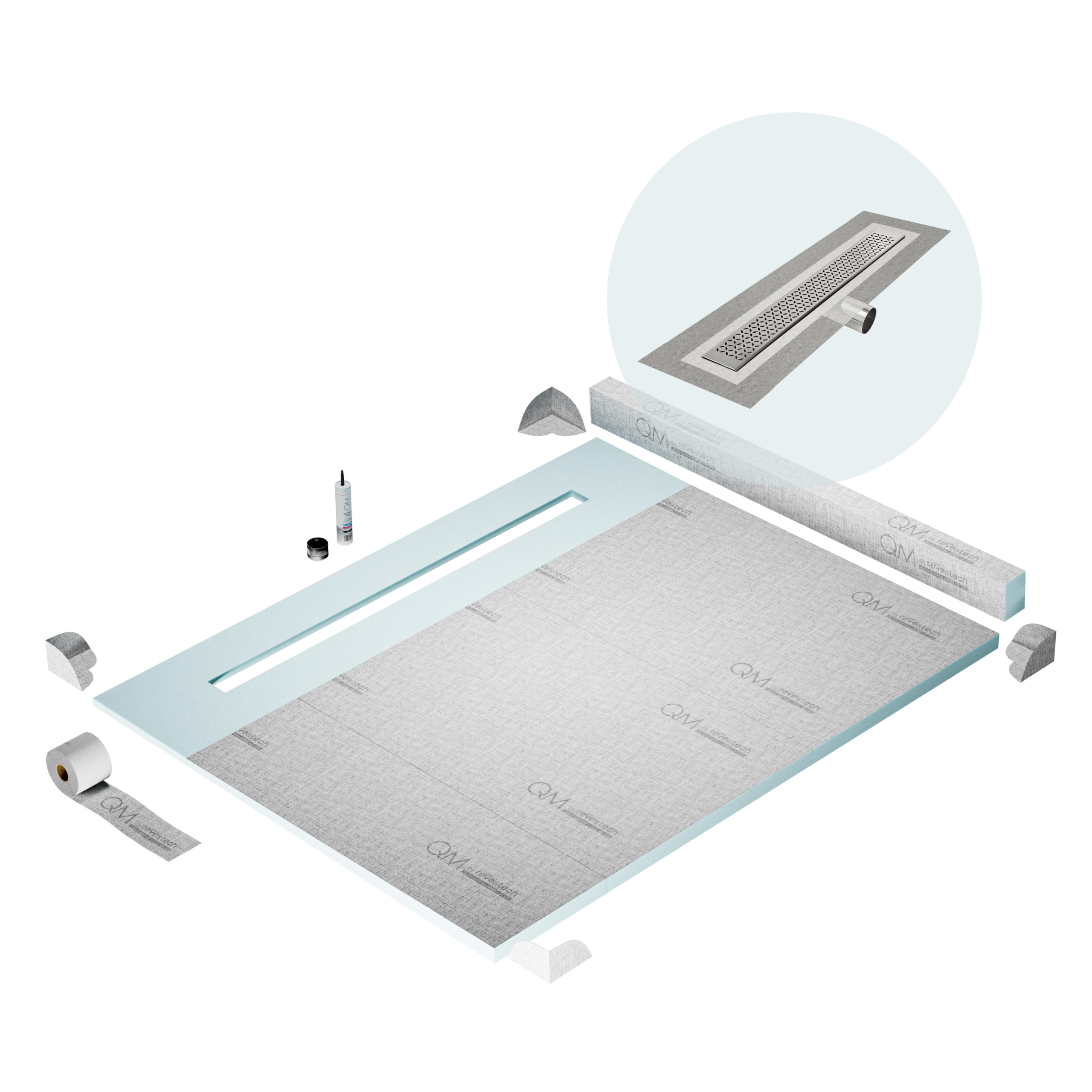 QM Shower Pan Kit 80" with a 58" Lotus Linear Drain Flange Edge Side Outlet in Polished