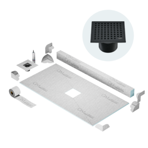 QM Center Shower Pan Kit 32″ x 63″ with 4″ Mira Square Drain in Black