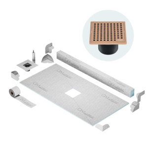 QM Center Shower Pan Kit 32″ x 63″ with 4″ Mira Square Drain in Bronze