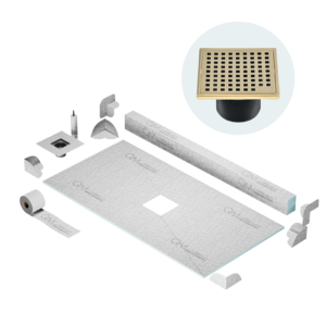 QM Center Shower Pan Kit 32″ x 63″ with 4″ Mira Square Drain in Gold