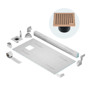 QM Off-Center Shower Pan Kit 32″ x 63″ with 4″ Mira Square Drain in Bronze