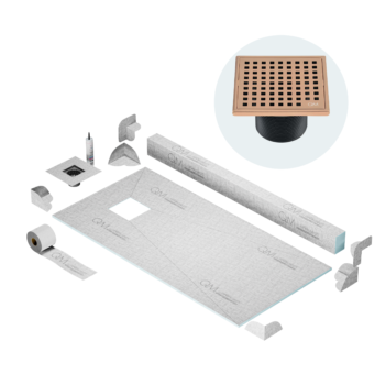 QM Off-Center Shower Pan Kit 32" x 63" with 4" Mira Square Drain in Bronze