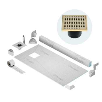 QM Off-Center Shower Pan Kit 32" x 63" with 4" Mira Square Drain in Gold