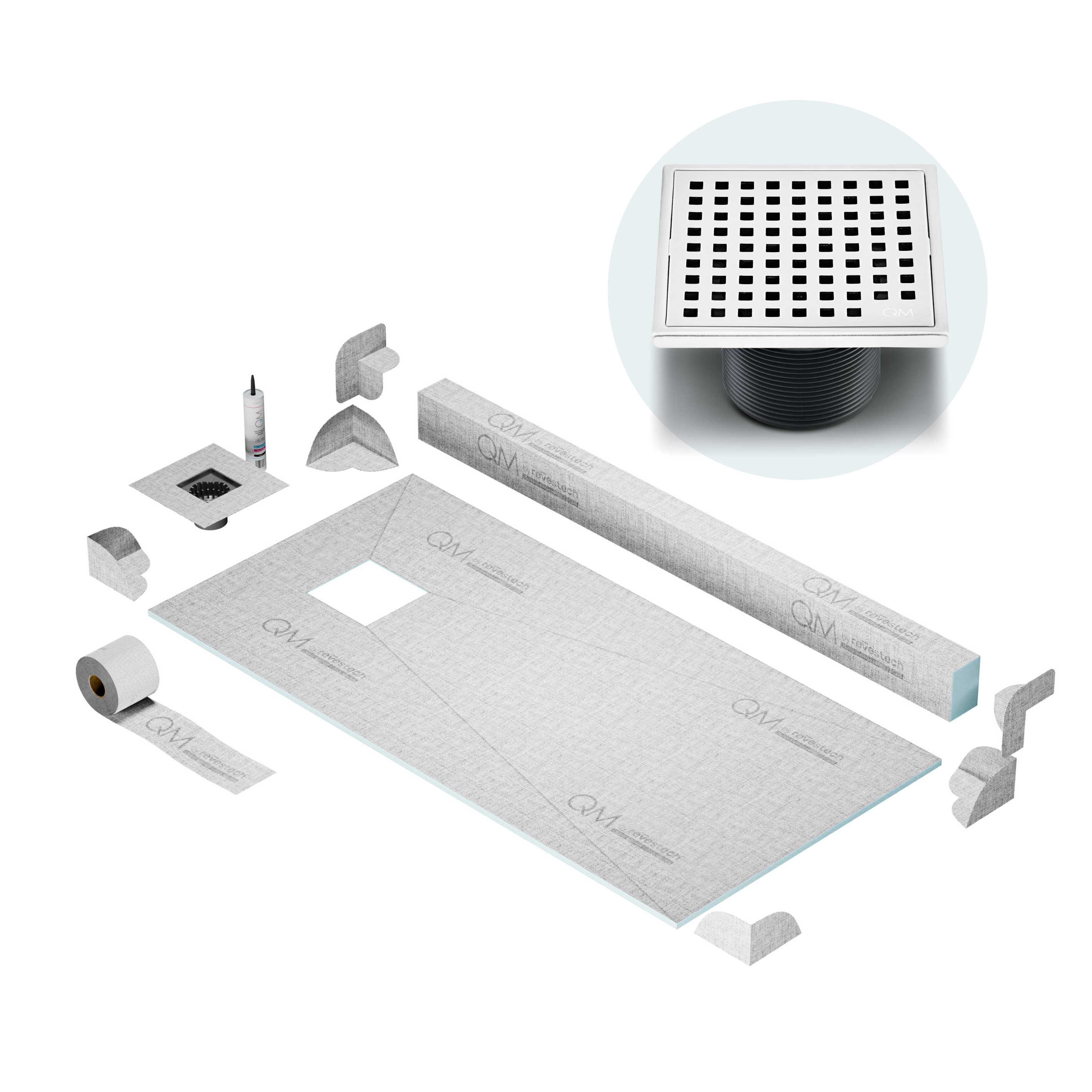 QM Off-Center Shower Pan Kit 32" x 63" with 4" Mira Square Drain in Polished