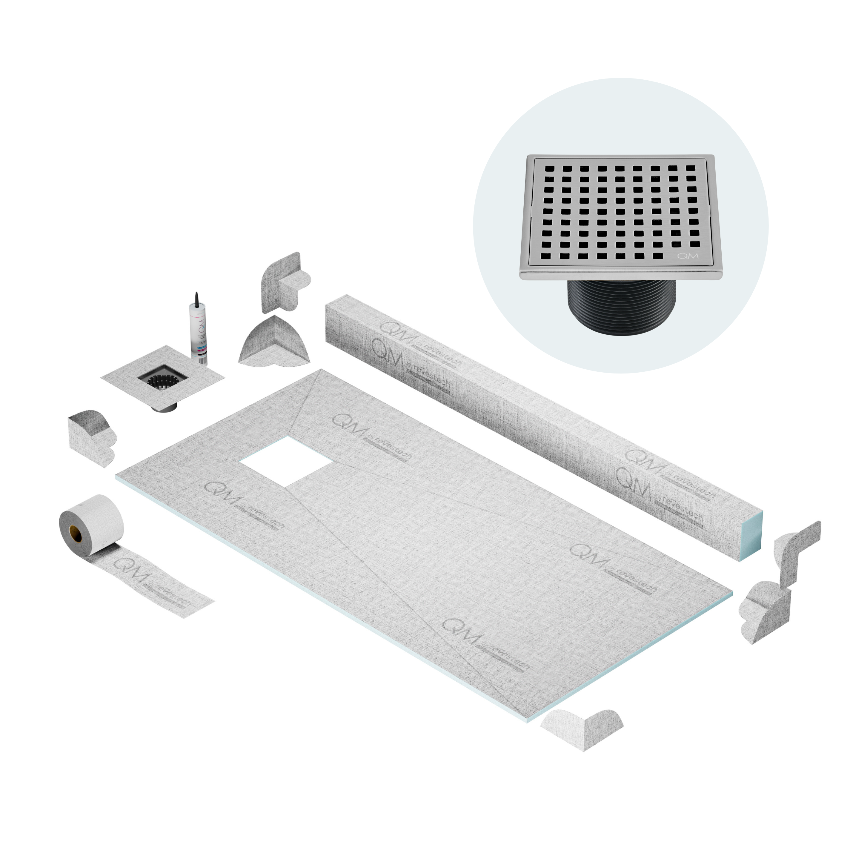 QM Off-Center Shower Pan Kit 32" x 63" with 4" Mira Square Drain in Satin