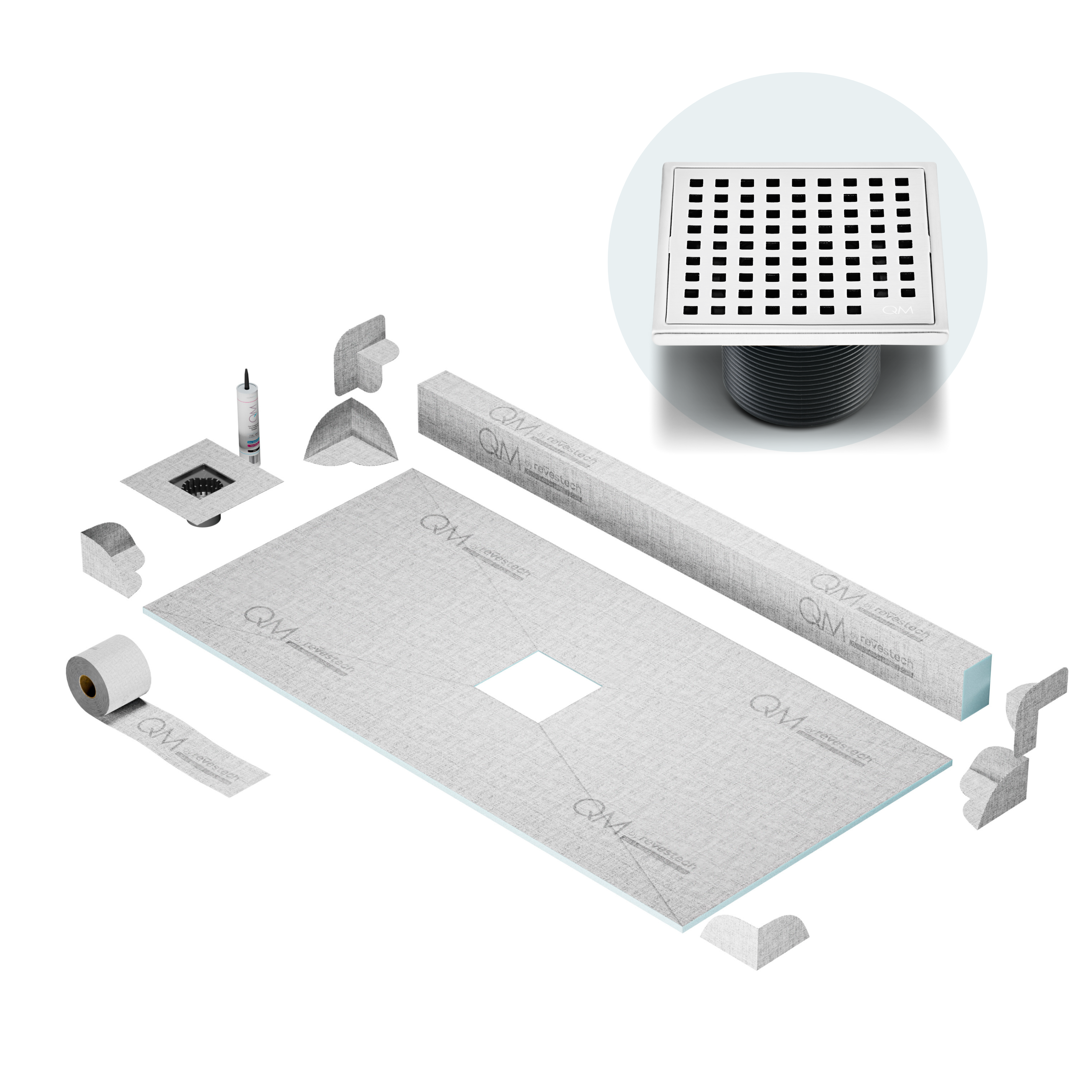 QM Center Shower Pan Kit 32" x 63" with 4" Mira Square Drain in Polished