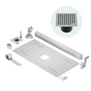 QM Center Shower Pan Kit 32″ x 63″ with 4″ Mira Square Drain in Satin