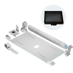 QM Center Shower Pan Kit 32″ x 63″ with 4″ Mist (Tile-In) Square Drain in Black