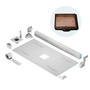 QM Center Shower Pan Kit 32″ x 63″ with 4″ Mist (Tile-In) Square Drain in Bronze