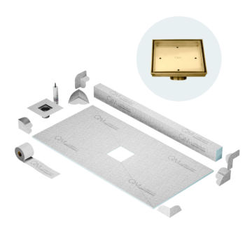 QM Center Shower Pan Kit 32" x 63" with 4" Mist (Tile-In) Square Drain in Gold
