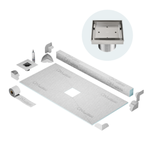 QM Center Shower Pan Kit 32″ x 63″ with 4″Mist (Tile-In) Square Drain in Satin