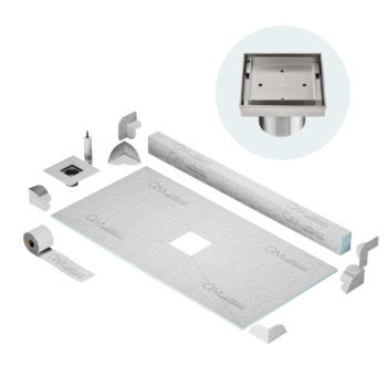 QM Center Shower Pan Kit 32" x 63" with 4"Mist (Tile-In) Square Drain in Satin
