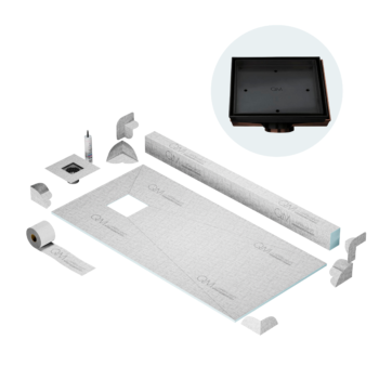 QM Off-Center Shower Pan Kit 32" x 63" with 4" Mist (Tile-In) Square Drain in Black