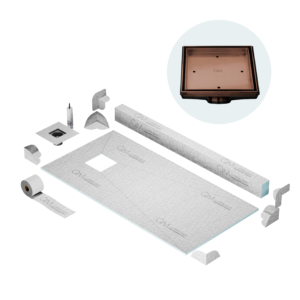 QM Off-Center Shower Pan Kit 32″ x 63″ with 4″ Mist (Tile-In) Square Drain in Bronze