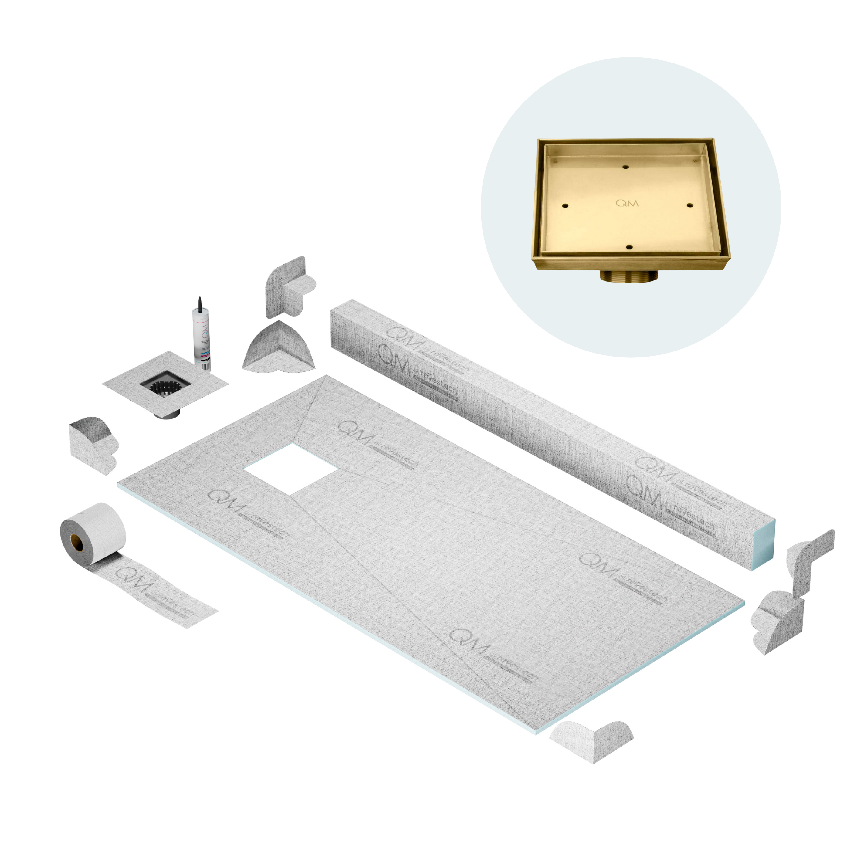 QM Off-Center Shower Pan Kit 32" x 63" with 4" Mist (Tile-In) Square Drain in Gold
