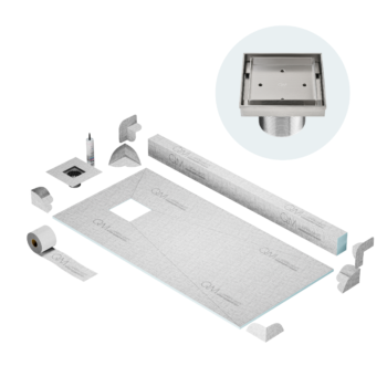 QM Off-Center Shower Pan Kit 32" x 63" with 4"Mist (Tile-In) Square Drain in Satin
