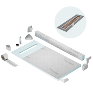 QM Shower Pan Kit 32″ with a 24″ Mist (Tile-in) Linear Drain Flange Edge in Bronze