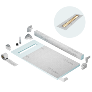 QM Shower Pan Kit 32″ with a 24″ Mist (Tile-in) Linear Drain Flange Edge in Gold