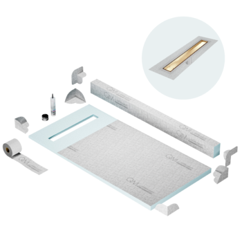 QM Shower Pan Kit 32" with a 24" Mist (Tile-in) Linear Drain Flange Edge in Gold