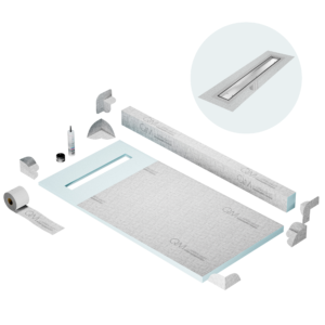 QM Shower Pan Kit 32″ with a 24″ Mist (Tile-in) Linear Drain Flange Edge in Satin