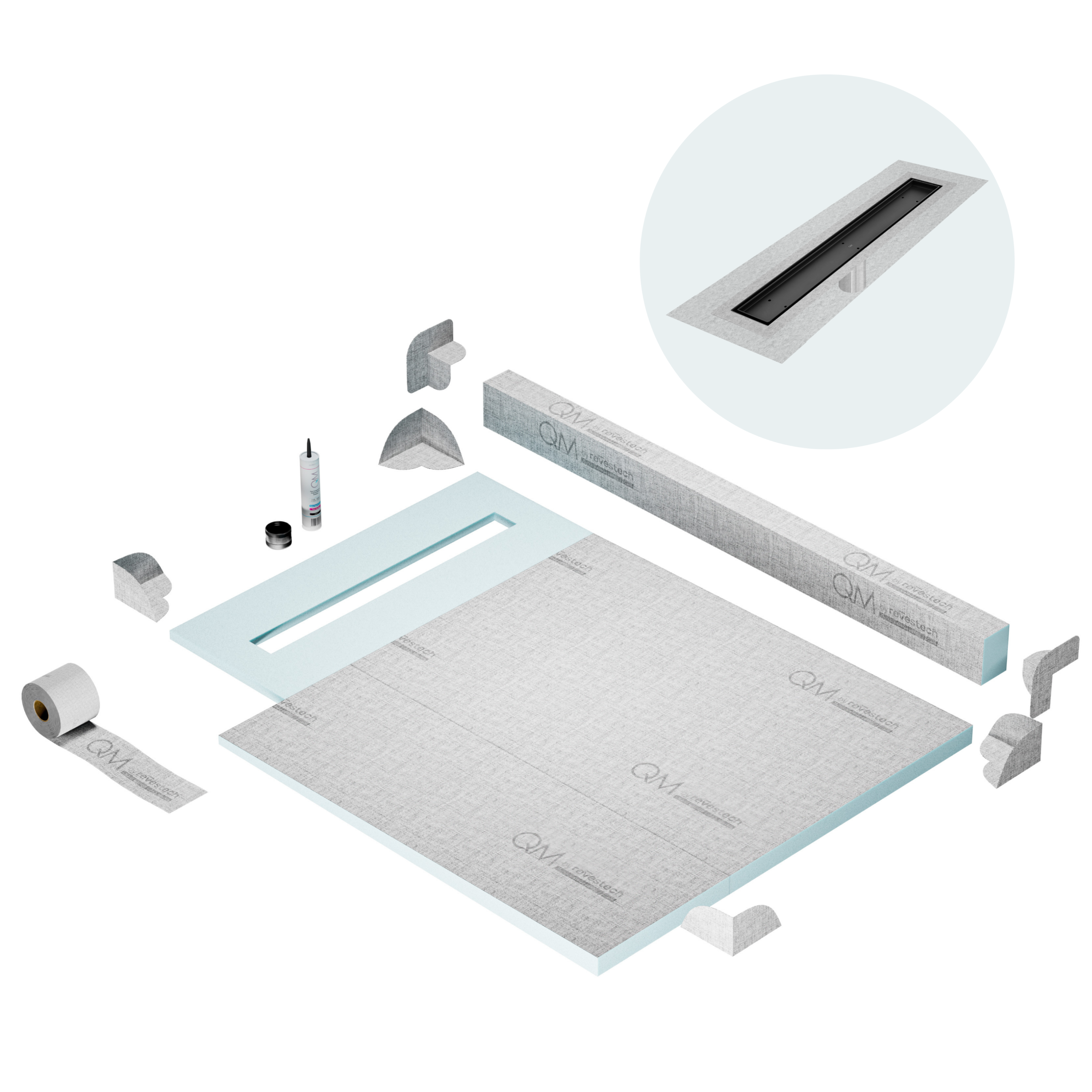 QM Shower Pan Kit 40" with a 32" Mist (Tile-in) Linear Drain Flange Edge in Black