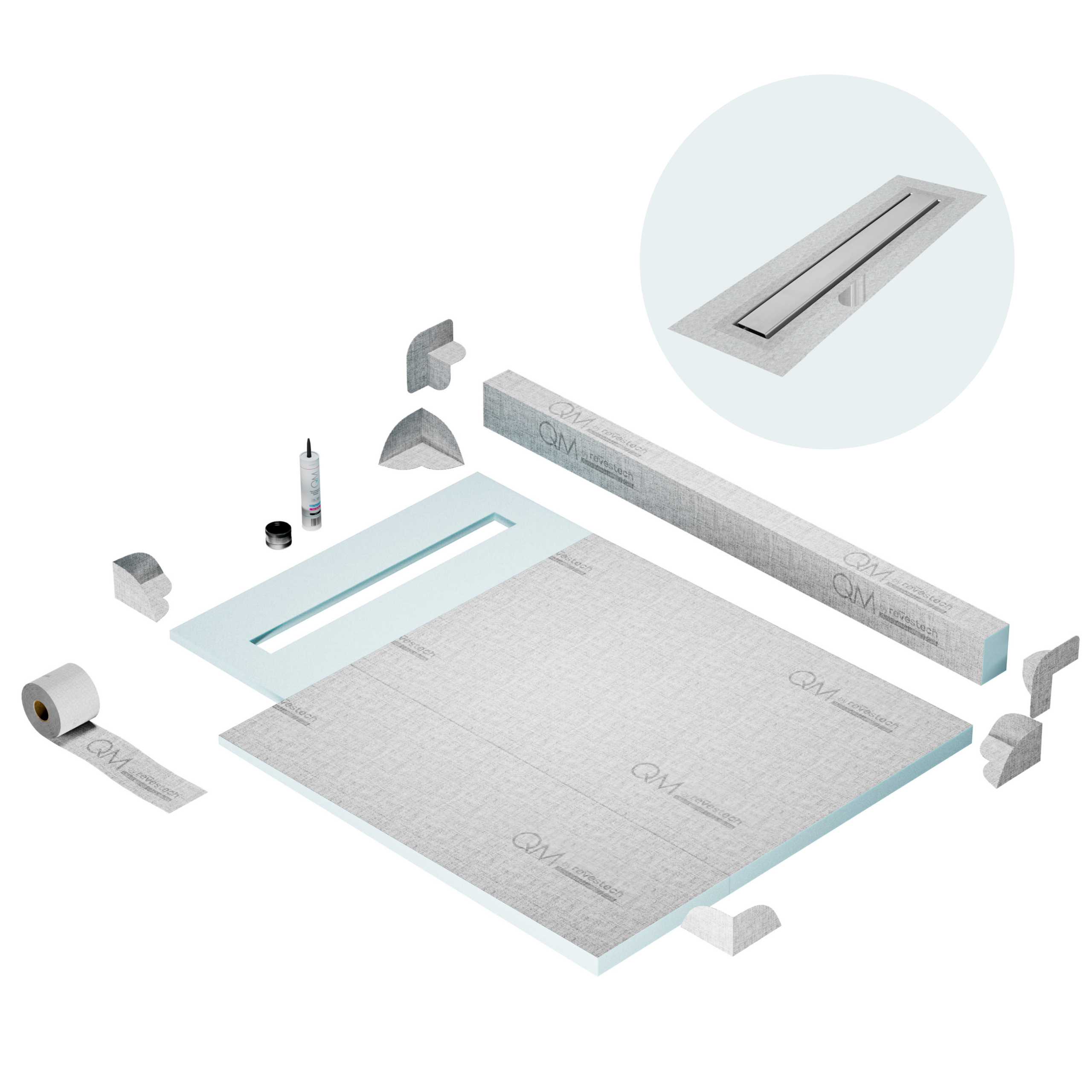 QM Shower Pan Kit 40" with a 32" Mist (Tile-in) Linear Drain Flange Edge Frameless