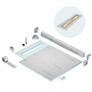 QM Shower Pan Kit 40″ with a 32″ Mist (Tile-in) Linear Drain Flange Edge in Gold