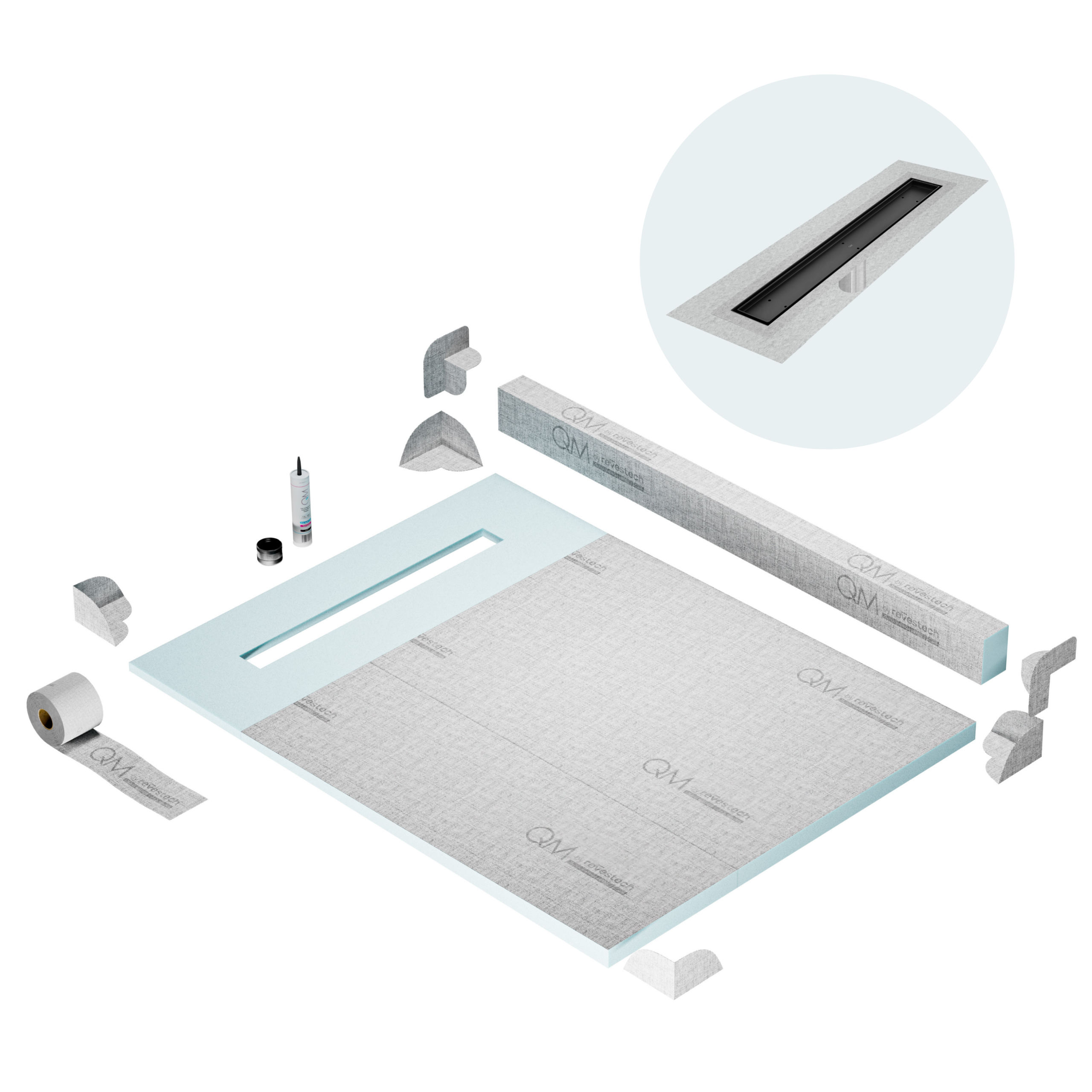 QM Shower Pan Kit 48" with a 36" Mist (Tile-in) Linear Drain Flange Edge in Black