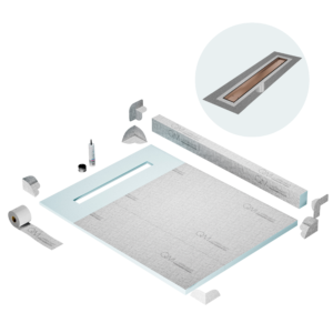 QM Shower Pan Kit 48″ with a 36″ Mist (Tile-in) Linear Drain Flange Edge in Bronze
