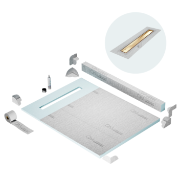 QM Shower Pan Kit 48" with a 36" Mist (Tile-in) Linear Drain Flange Edge in Gold