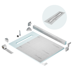 QM Shower Pan Kit 48″ with a 36″ Mist (Tile-in) Linear Drain Flange Edge in Satin