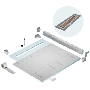 QM Shower Pan Kit 56″ with a 48″ Mist (Tile-in) Linear Drain Flange Edge in Bronze