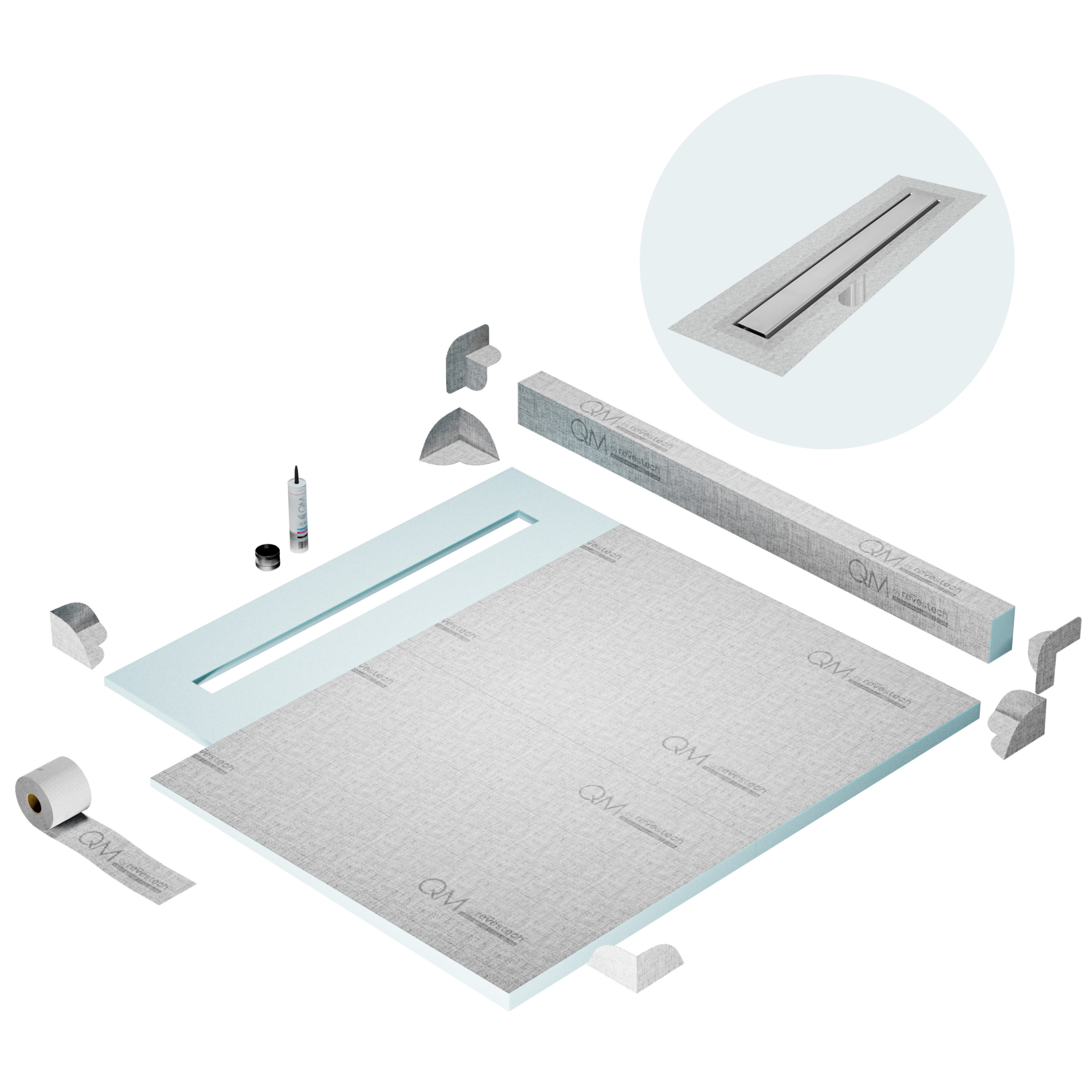 QM Shower Pan Kit 56" with a 48" Mist (Tile-in) Linear Drain Flange Edge Frameless