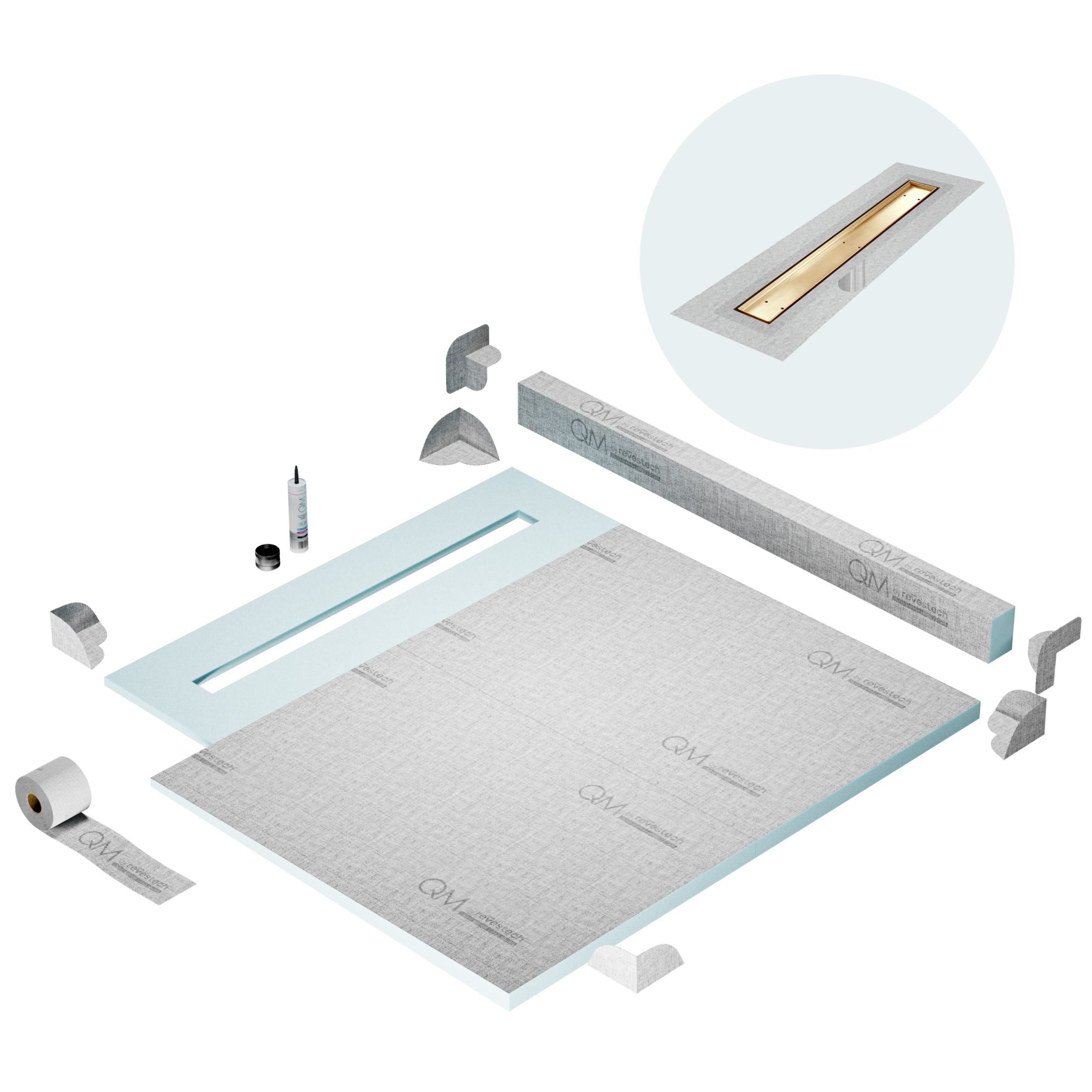QM Shower Pan Kit 56" with a 48" Mist (Tile-in) Linear Drain Flange Edge in Gold