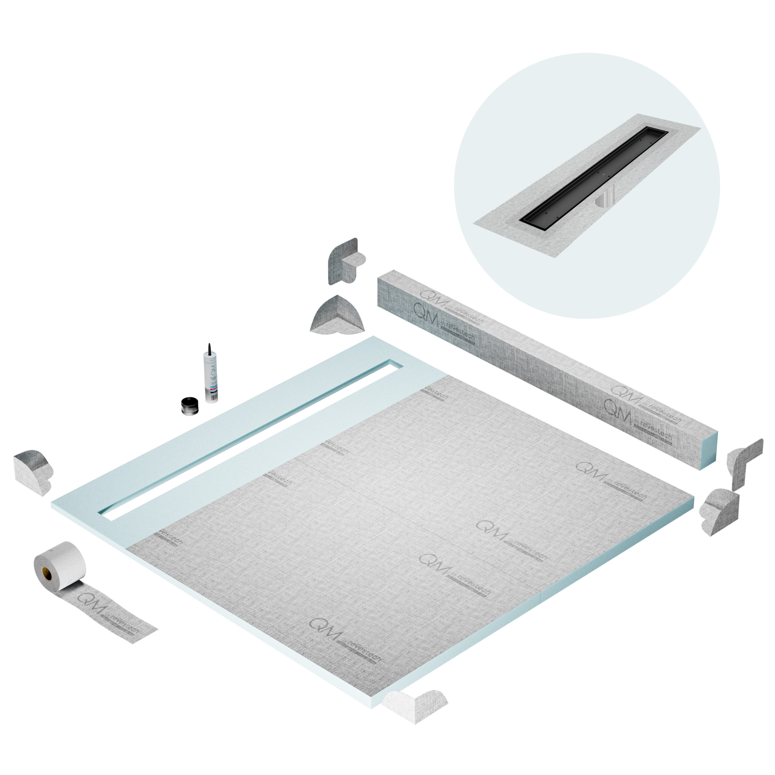 QM Shower Pan Kit 64" with a 58" Mist (Tile-in) Linear Drain Flange Edge in Black