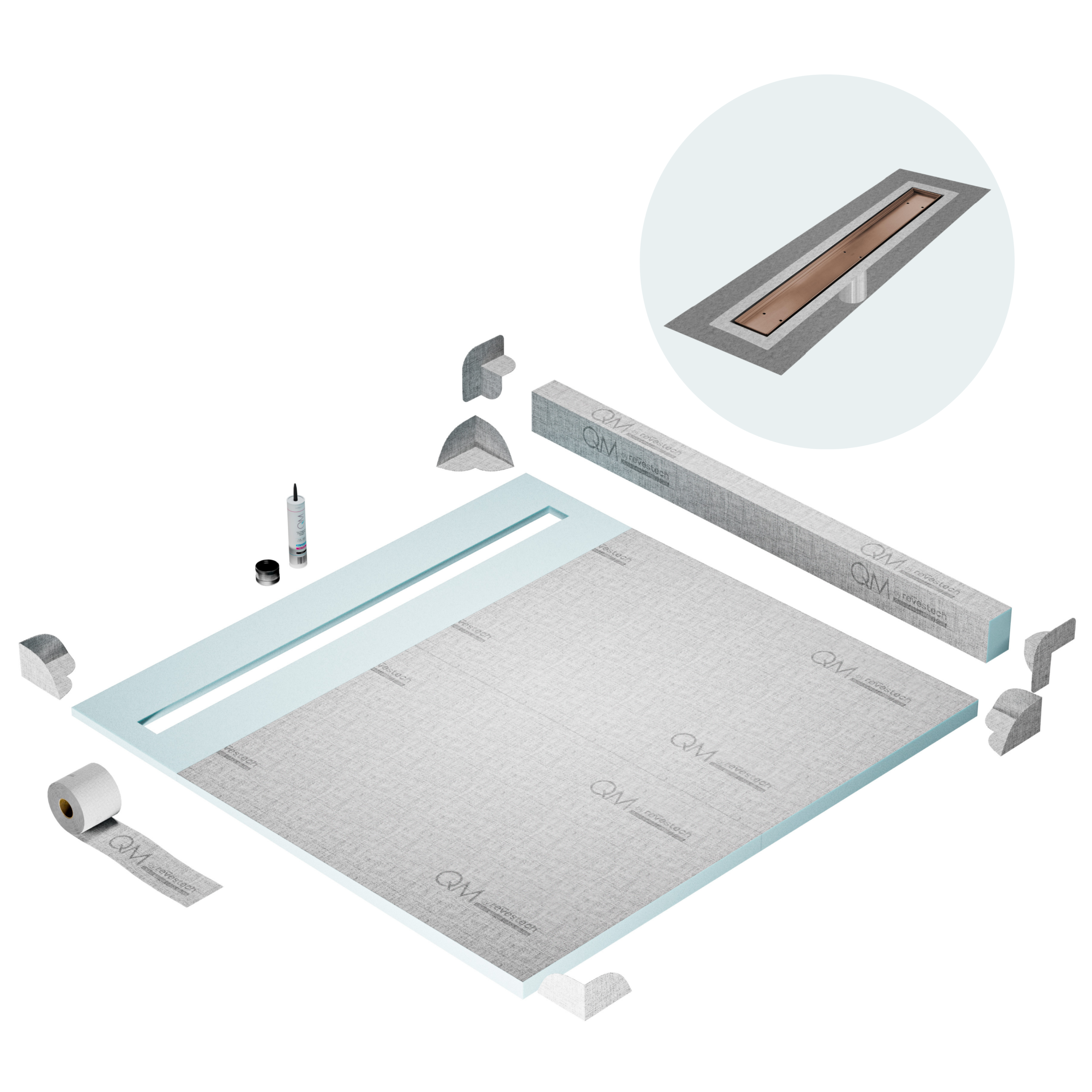 QM Shower Pan Kit 64" with a 58" Mist (Tile-in) Linear Drain Flange Edge in Bronze