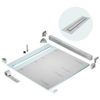 QM Shower Pan Kit 64" with a 58" Mist (Tile-in) Linear Drain Flange Edge Frameless