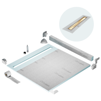 QM Shower Pan Kit 64" with a 58" Mist (Tile-in) Linear Drain Flange Edge in Gold