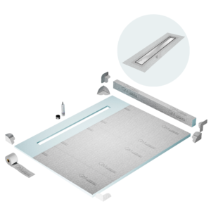 QM Shower Pan Kit 80″ with a 58″ Mist (Tile-in) Linear Drain Flange Edge in Satin