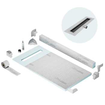 QM Shower Pan Kit 32" with a 24" Mist (Tile-in) Linear Drain Flange Edge Side Outlet in Black