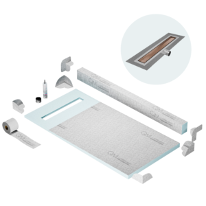 QM Shower Pan Kit 32″ with a 24″ Mist (Tile-in) Linear Drain Flange Edge Side Outlet in Bronze