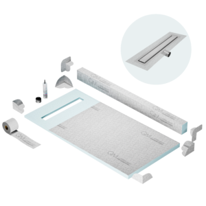 QM Shower Pan Kit 32″ with a 24″ Mist (Tile-in) Linear Drain Flange Edge Side Outlet Frameless