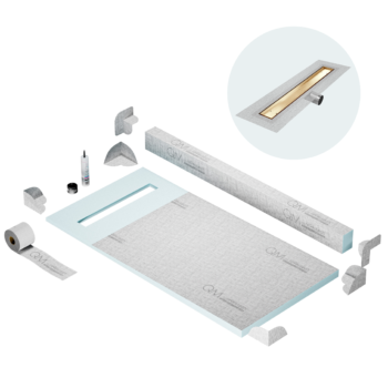 QM Shower Pan Kit 32" with a 24" Mist (Tile-in) Linear Drain Flange Edge Side Outlet in Gold
