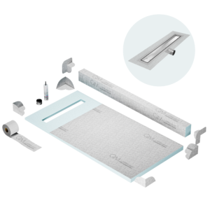 QM Shower Pan Kit 32″ with a 24″ Mist (Tile-in) Linear Drain Flange Edge Side Outlet in Satin
