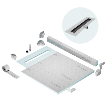 QM Shower Pan Kit 40" with a 32" Mist (Tile-in) Linear Drain Flange Edge Side Outlet in Black