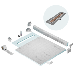 QM Shower Pan Kit 40″ with a 32″ Mist (Tile-in) Linear Drain Flange Edge Side Outlet in Bronze