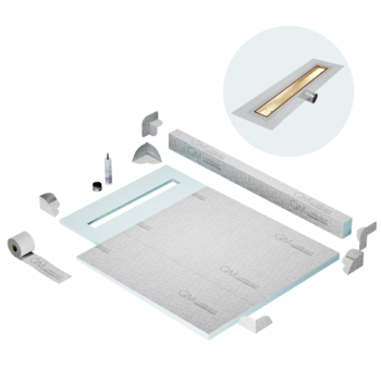 QM Shower Pan Kit 40" with a 32" Mist (Tile-in) Linear Drain Flange Edge Side Outlet in Gold
