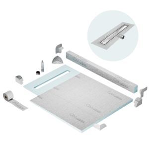 QM Shower Pan Kit 40″ with a 32″ Mist (Tile-in) Linear Drain Flange Edge Side Outlet in Satin