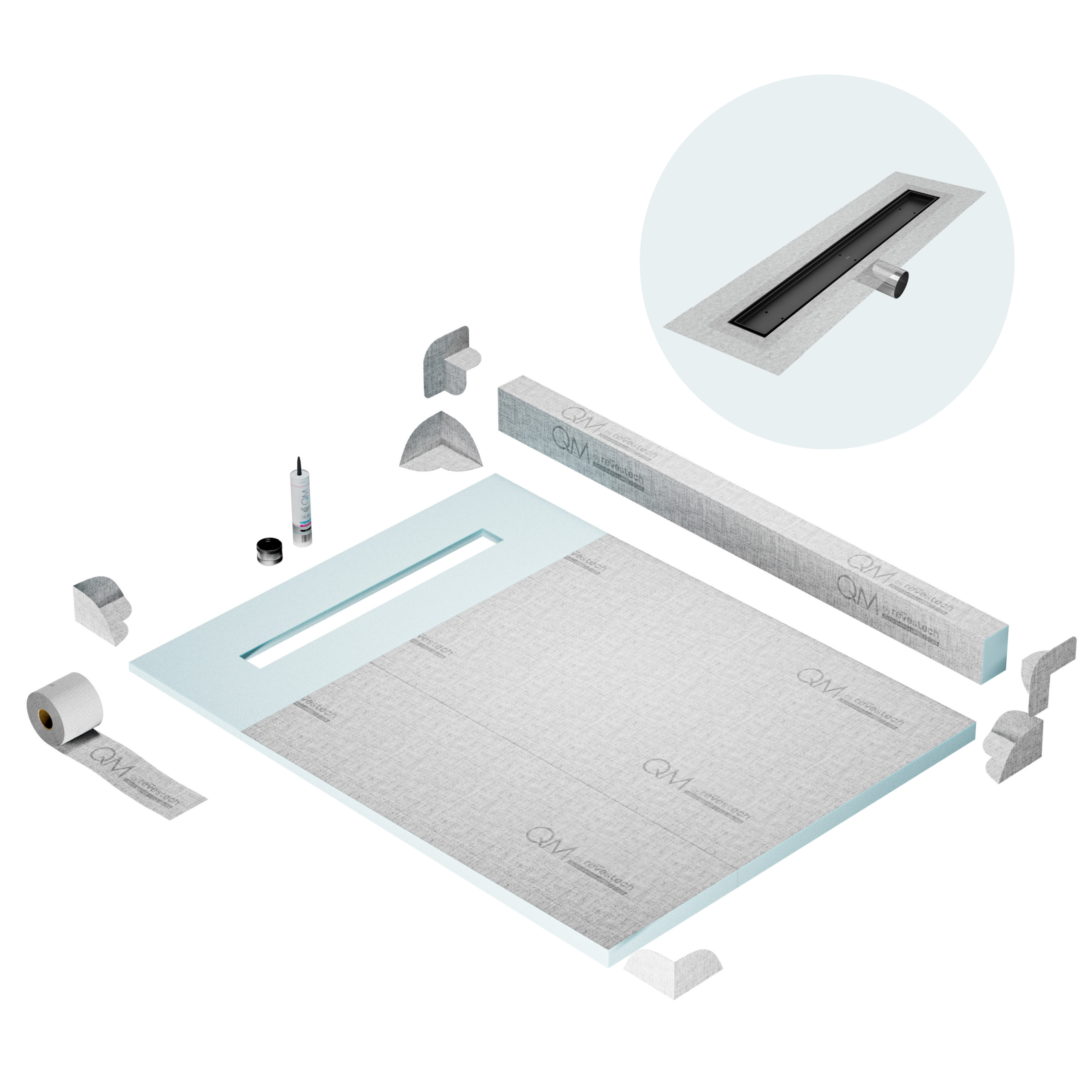 QM Shower Pan Kit 48" with a 36" Mist (Tile-in) Linear Drain Flange Edge Side Outlet in Black